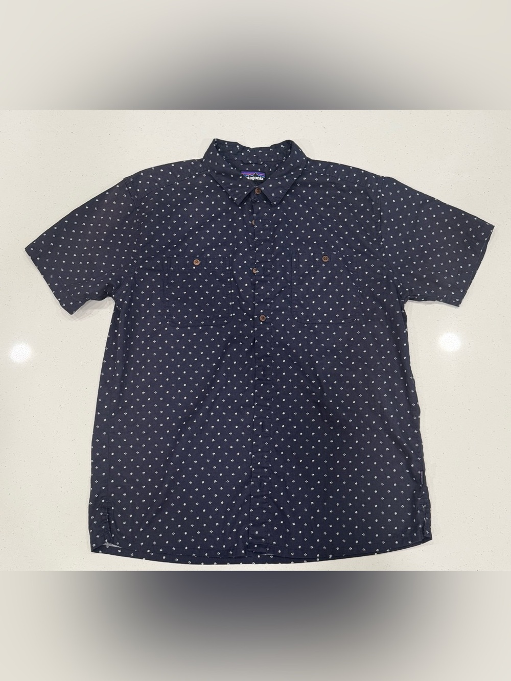 Patagonia Navy Button-Down Shirt with White Dot Print